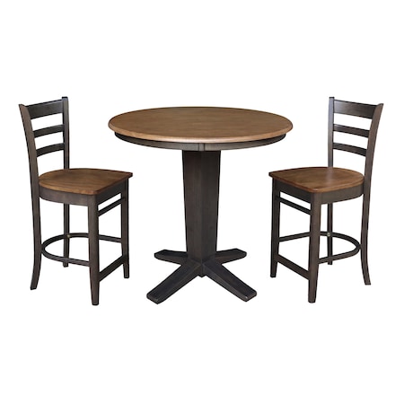 International Concepts 36 in. Solid Wood Round Top Pedestal Dining Table w/2 Counter Height Stools in Hickory/Washed Coal K45-36RT-23B-S6172-2